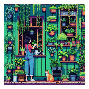 Poster Pixel Art Plantes et chats personnalisés