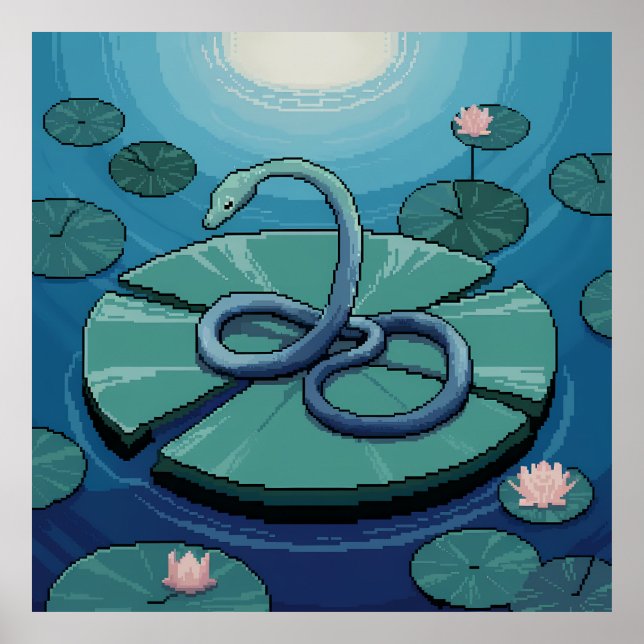 Poster Pixel Art Serpent Bleu sur une feuille de nénuphar (Devant)