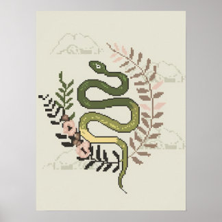 Poster Pixel Art Snake avec éléments floraux