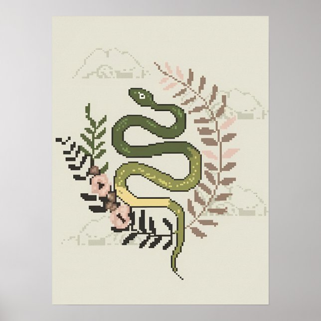 Poster Pixel Art Snake avec éléments floraux (Devant)