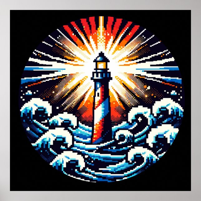 Poster Pixel Lighthouse - Ocean Waves & Coastal Beacon (Devant)