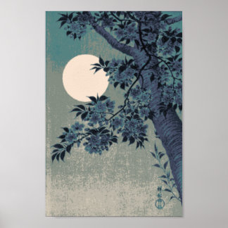 Poster Pixel Vintage Lune Fleurs de cerisiers