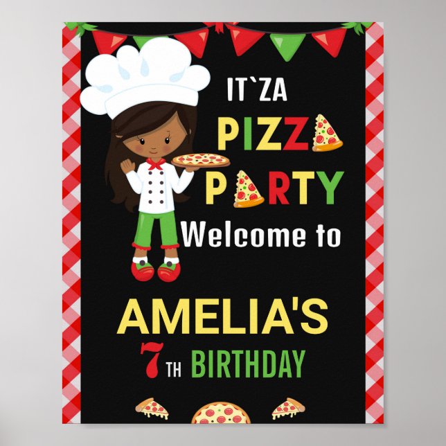 Poster Pizza signe fête de bienvenue Petit chef fille (Devant)
