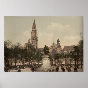 Poster Place Verte and cathedral, Antwerp, Belgium