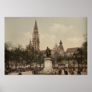 Poster Place Verte and cathedral, Antwerp, Belgium