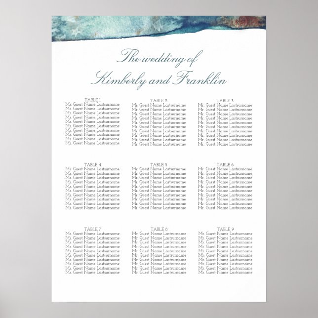 Poster Plage Aquarelle Mariage Carte de siège (Devant)