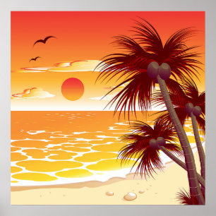 Poster Plage au coucher du soleil tropical Palmier Île