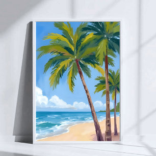 Poster Plage aux palmiers   Ciel bleu aquarelle tropicale