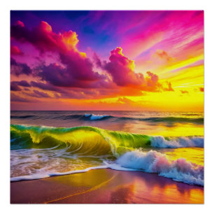 Poster Plage aux vagues de l'océan jaune et rose Vibrant