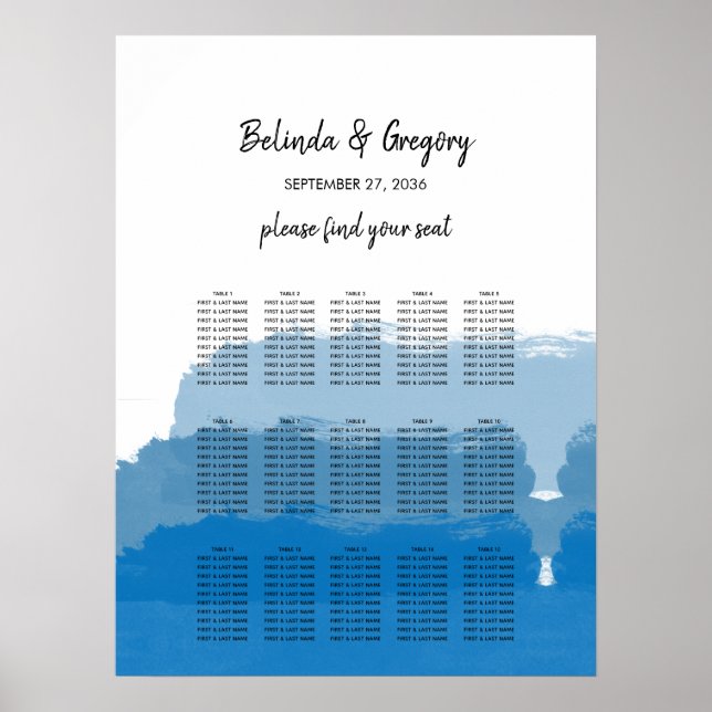 Poster Plage Bleu Aquarelle Mariage Carte de siège (Devant)