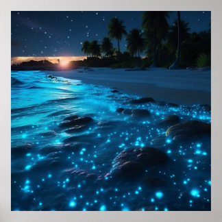 Poster Plage Bleue Bioluminescente & Palmiers