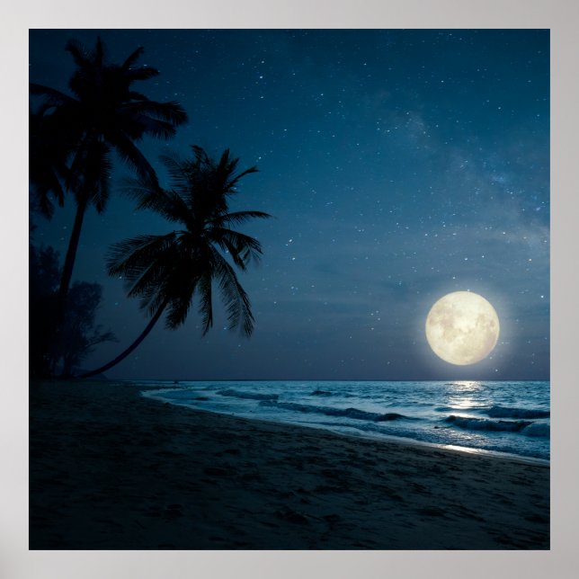 Poster Plage dans le ciel nocturne et pleine lune (Devant)