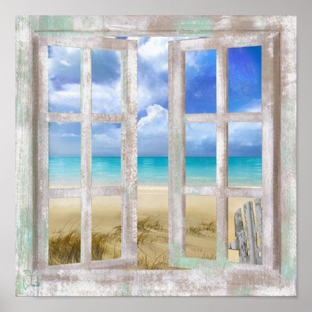 Poster Plage dans Open Window chalet côtier Imprimer (Devant)