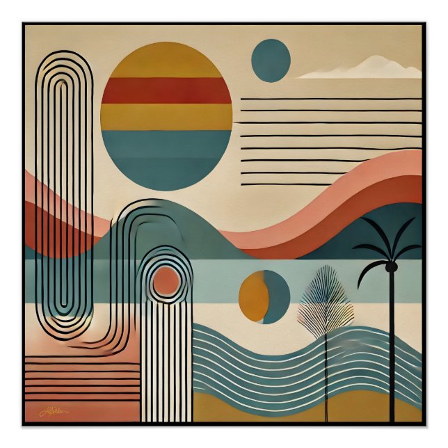 Poster Plage d'art moderne du milieu du siècle Sunrise (Devant)