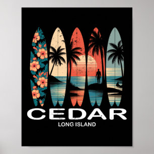 Poster Plage de Cedar Long Island Planche de surf Rétro