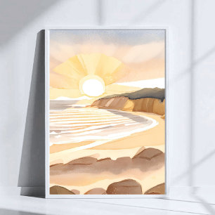 Poster Plage de coucher de soleil   Aquarelle océanique C