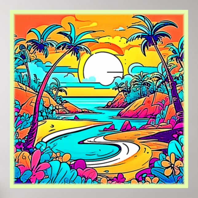 Poster Plage de coucher de soleil tropicale animée (Devant)