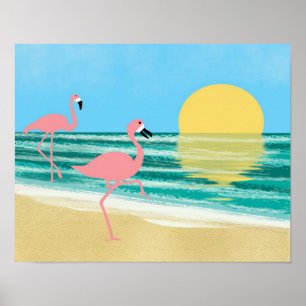 Poster Plage de Flamant rose