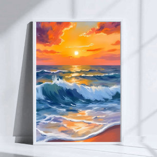 Poster Plage de l'heure dorée Coucher de soleil Côtière