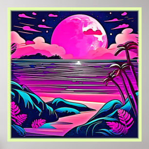 Poster Plage de néon rose lune