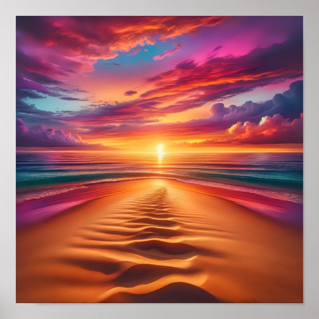 Poster Plage de sable menant à un coucher de soleil animé (Devant)