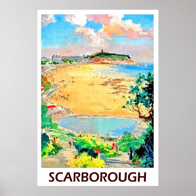 Poster Plage de Scarborough, paysage, voyage vintage (Devant)