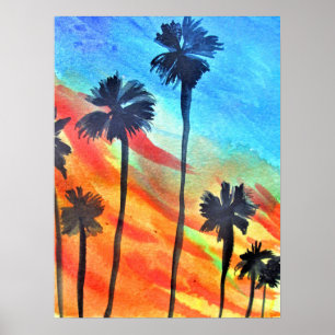 Poster Plage de Sunset Palm Tree art surf