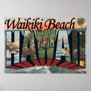 Poster Plage de Waikiki, Hawaï - grandes scènes de lettre