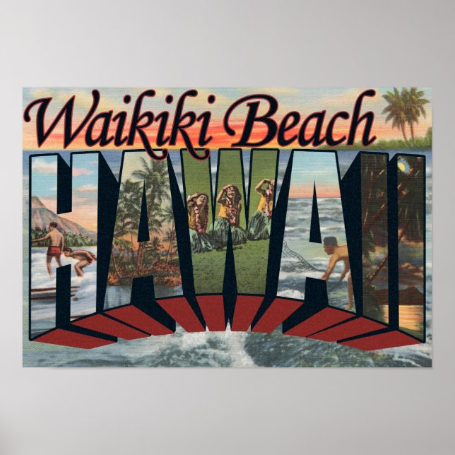 Poster Plage de Waikiki, Hawaii - Scènes à grandes lettre (Devant)