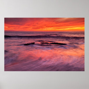 Poster Plage de Windansea, coucher de soleil rouge