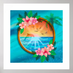 Poster Plage d'été Océan oiseaux volent dans le ciel et v