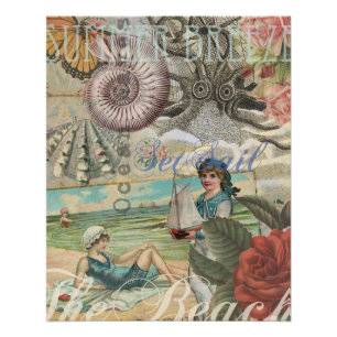 Poster plage d'été poulpe vintage antique voile