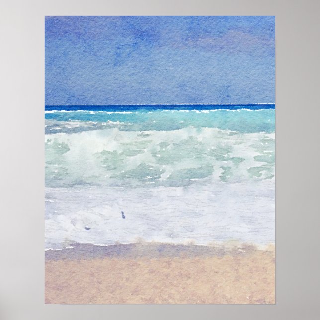 Poster Plage du paysage marin et aquarelle des vagues (Devant)