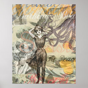 Poster Plage du poulpe Antique Coastal Steampunk