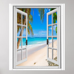 Poster Plage et fenêtre de Faux de vue d'océan