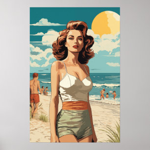 Poster Plage fille 1950
