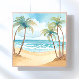 Poster Plage Hawaïenne Aquarelle Tropicale Palmier