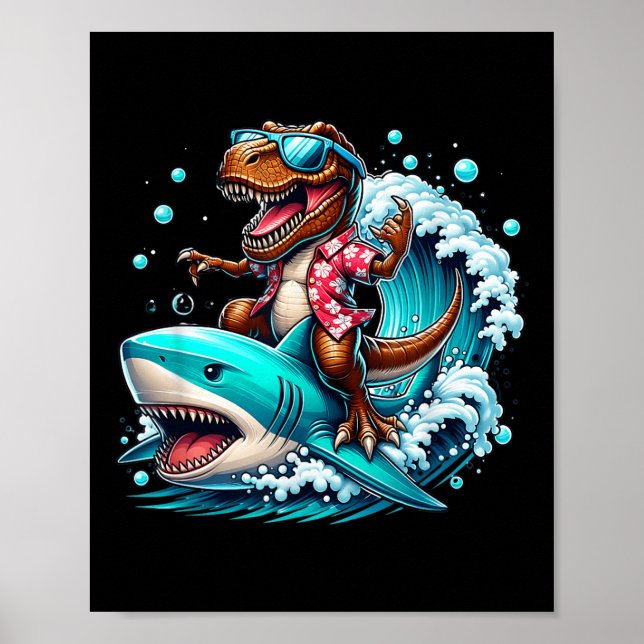 Poster Plage Lover T-rex Dinosaur équitation Requin Surf  (Devant)