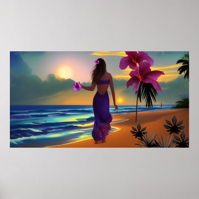 Poster Plage lune promenade femme bleu mer robe (Devant)