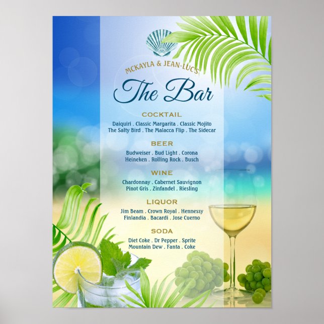 Poster Plage Mariage Mojito Vin Palm Open Bar Menu (Devant)