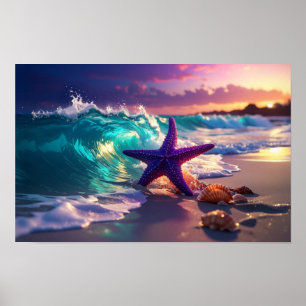 Poster Plage océanique avec étoile de mer violette