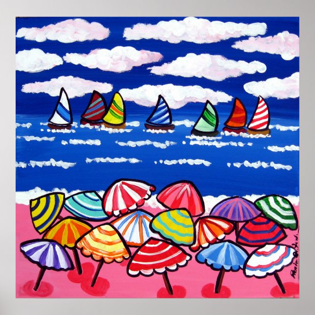 Poster Plage Parasols Bateaux à voile Fun Art folklorique (Devant)