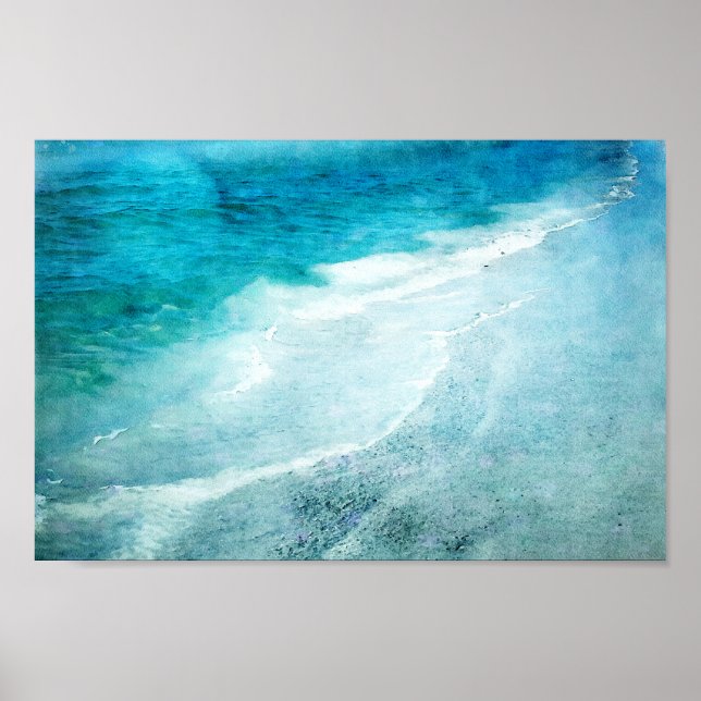 Poster Plage Retro - Côte Turquoise Bleu Océan Aquarelle (Devant)