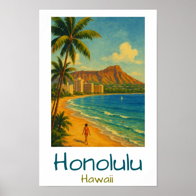 Poster Plage Rétro Honolulu Hawaii Waikiki (Devant)