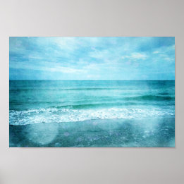 Poster Plage Retro - Océan côtier Aquarelle bleu Turquois