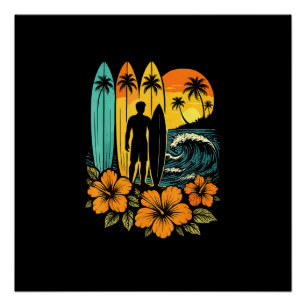 Poster Plage Rétro Surf Coucher de Soleil Tropical