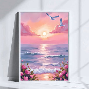 Poster Plage Rose   Aquarelle Côtière de Coucher de Solei