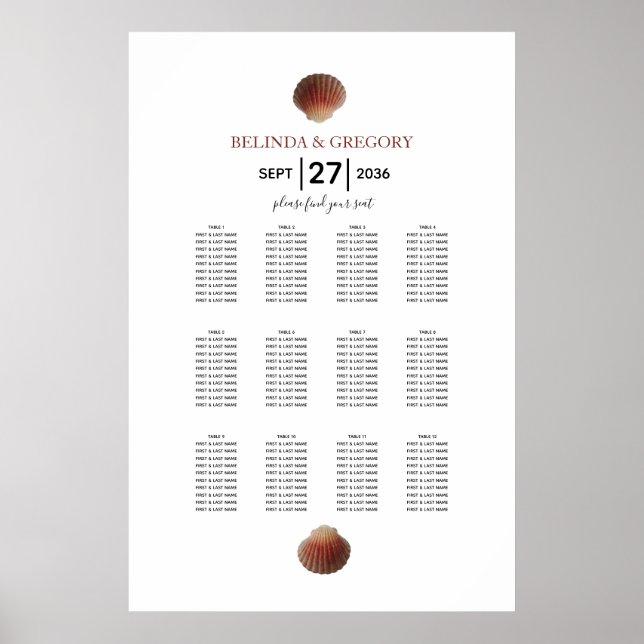 Poster Plage Seashell Clams Mariage - Carte de siège (Devant)