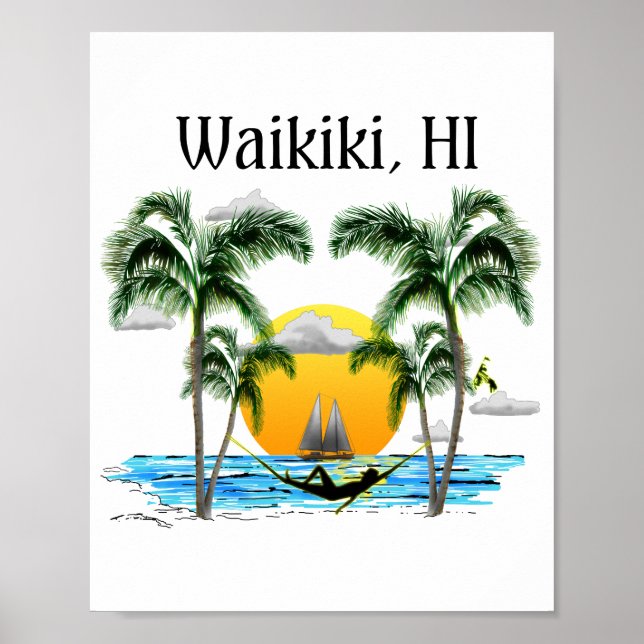 Poster Plage Sunset Waikiki Hawaii (Devant)