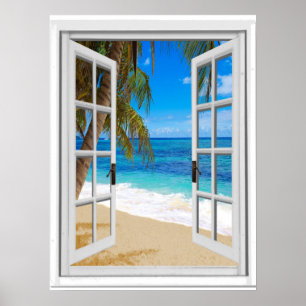Poster Plage Tranquille Vue sur l'Océan Fausse Fenêtre